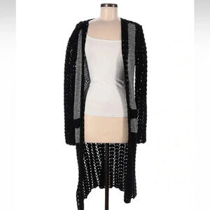 Minnie Rose Black & Grey Metallic Knit Crochet Open Front Cardigan Size M Medium